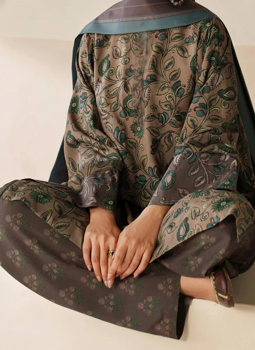 Grace W832 - Digital Printed 3pc Karandi Dress With Digital Printed Karandi Shawl.