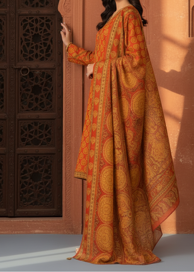 Grace W227-Printed 3pc khaddar dress With Printed khaddar shwal.