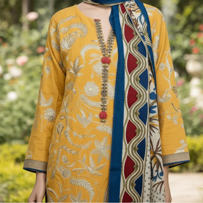 Grace W538-Embroidered 3pc khaddar dress With Printed shawl.
