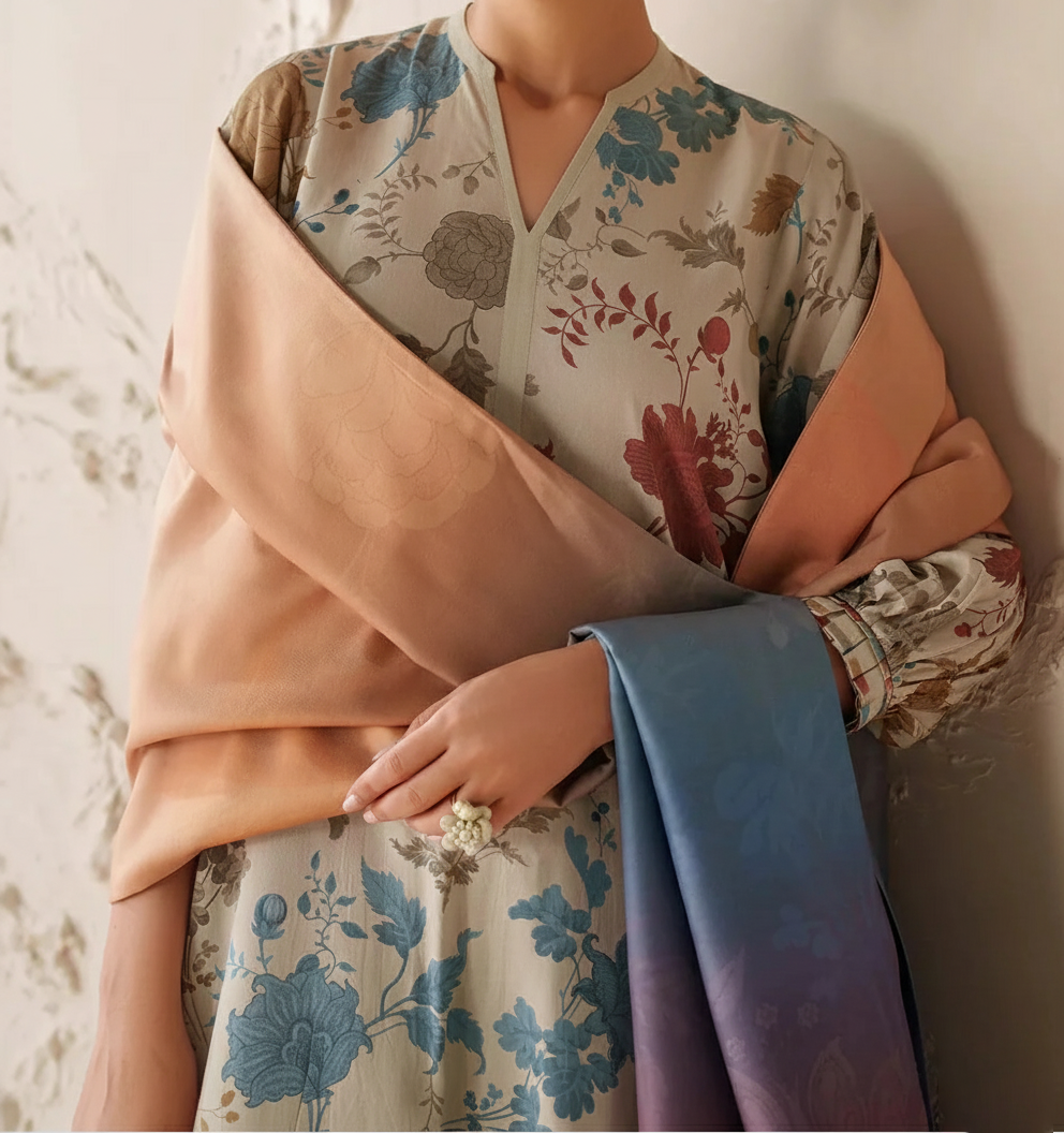 Grace W781 - Digital Printed 3pc Karandi Dress With Digital Printed Karandi Shawl.