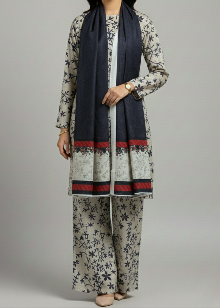 Grace W969 - Digital Printed 3pc Karandi Dress With Digital Printed Karandi Shawl.