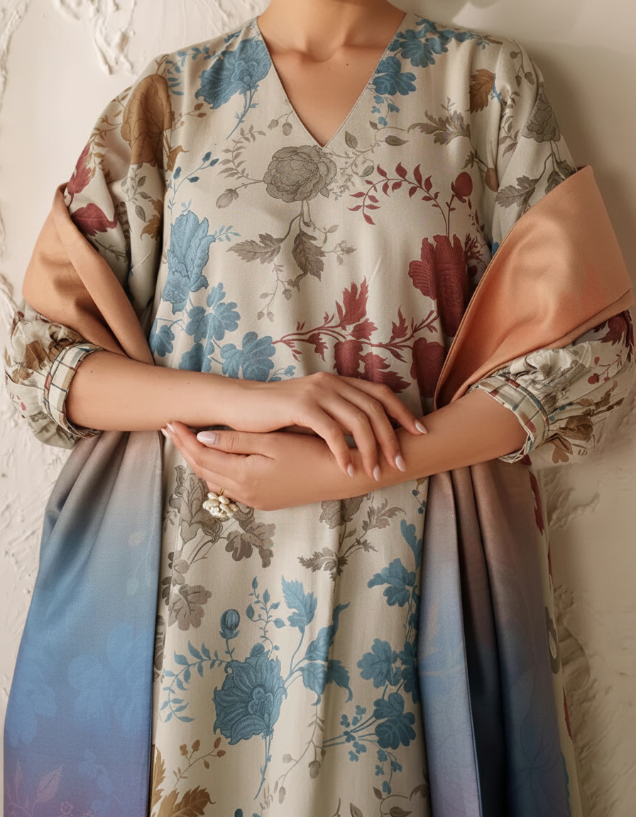Grace W781 - Digital Printed 3pc Karandi Dress With Digital Printed Karandi Shawl.