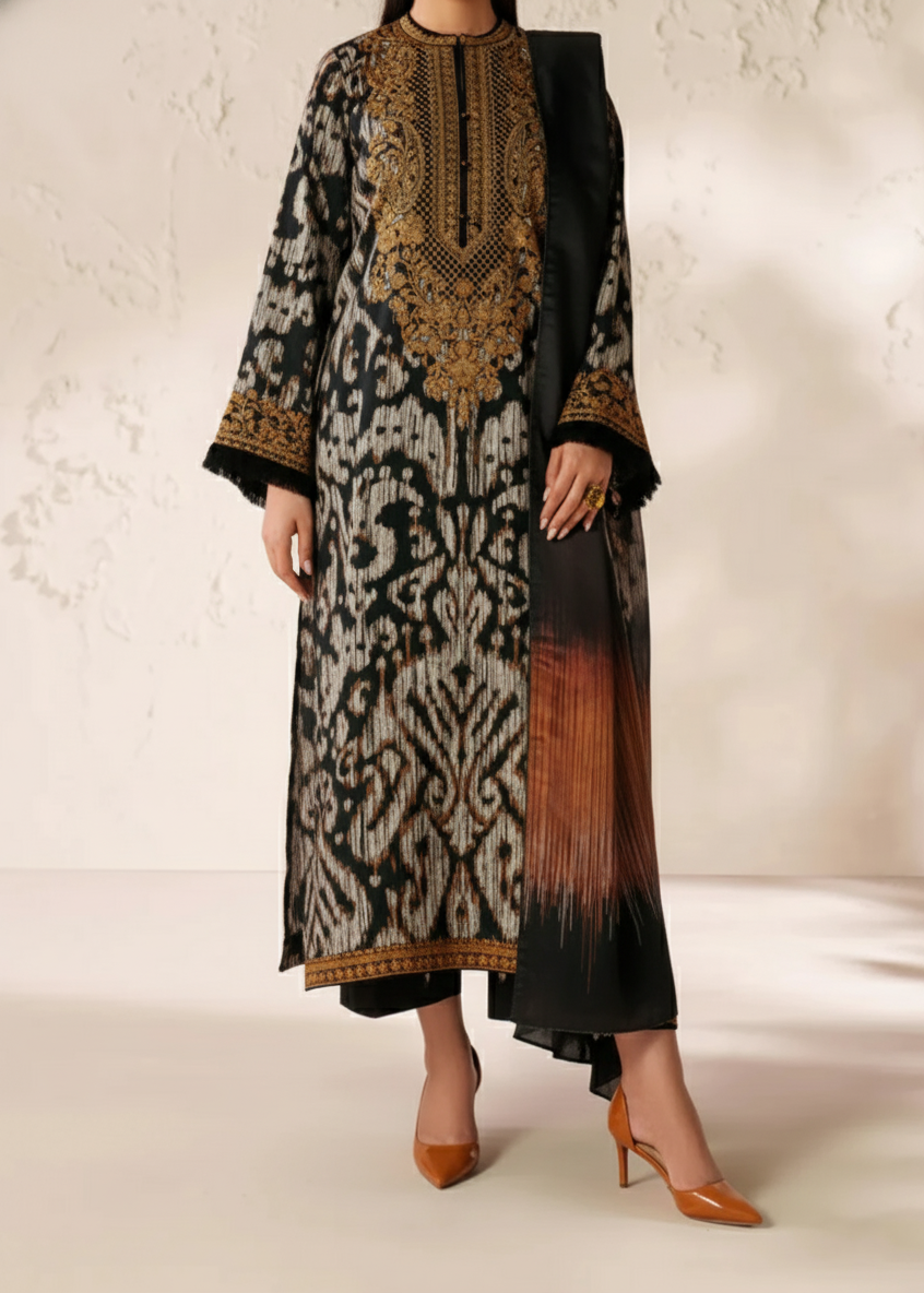 Grace W762 - Printed &amp; Embroidered 3pc Karandi Dress With Printed Karandi Shawl.