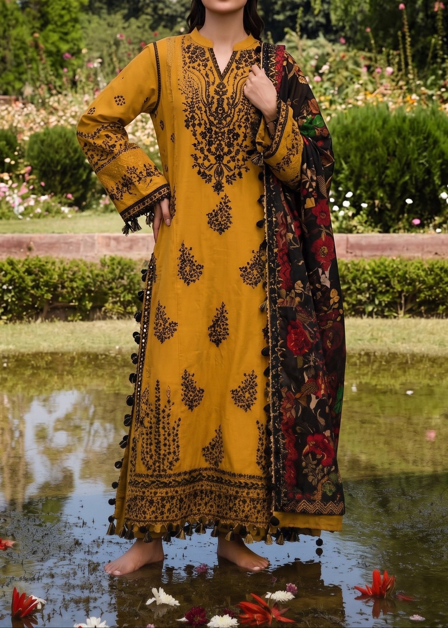 Grace W1074-Embroidered 3pc Marina Dress With Printed Shawl.