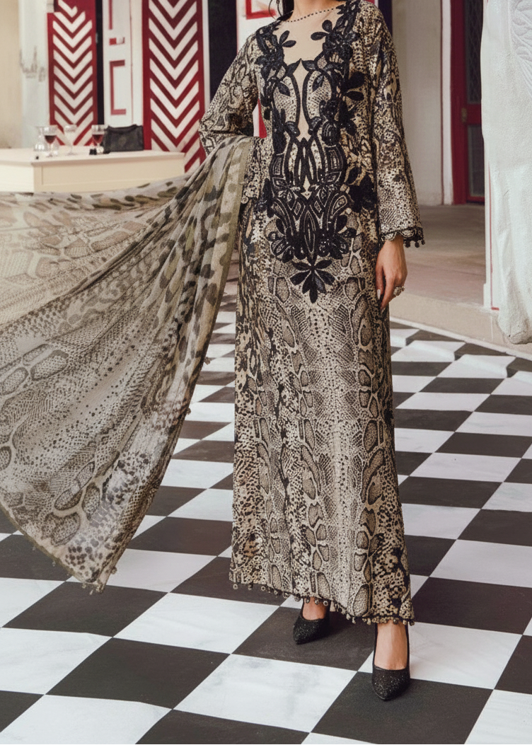Grace W899 - Embroidered &amp; Digital Printed 3pc Karandi Dress With Digital Printed Karandi Shawl.