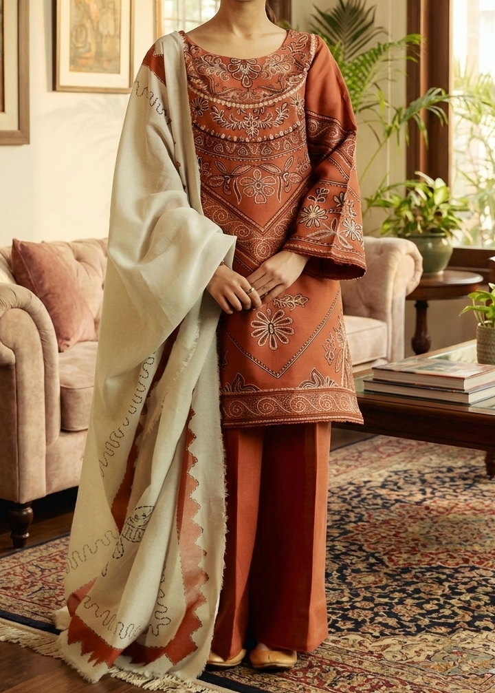 Grace W601- Embroidered 3pc Linen Dress with Printed Shawl.
