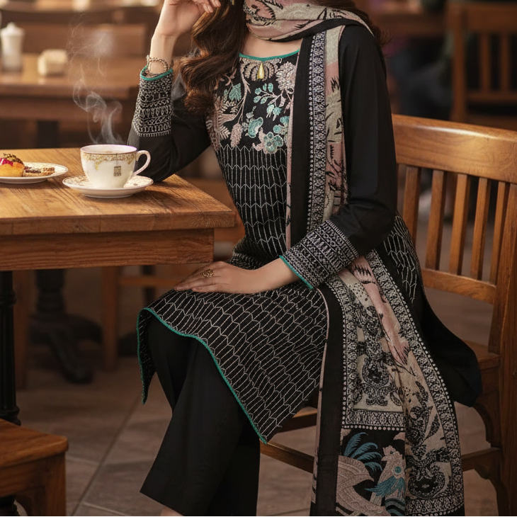 Grace Z-(W537)- Stitched Embroidered 3pc khaddar dress With Printed shawl.