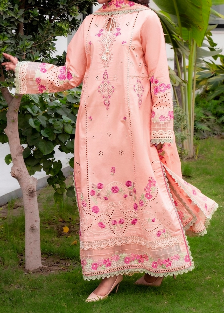 MISK 02 - Embroidered 3pc Chikankari Lawn Dress With Embroidered Chiffon Dupatta.