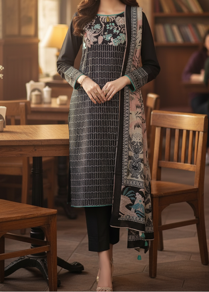 Grace W537-Embroidered 3pc khaddar dress With Printed shawl.