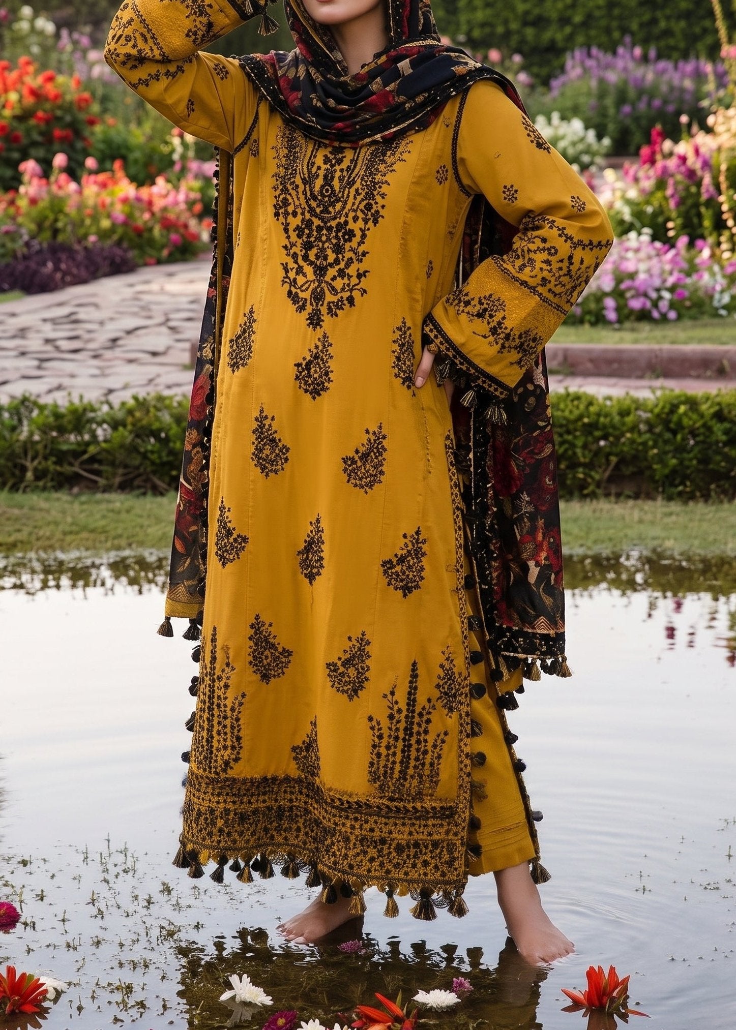 Grace W1074-Embroidered 3pc Marina Dress With Printed Shawl.