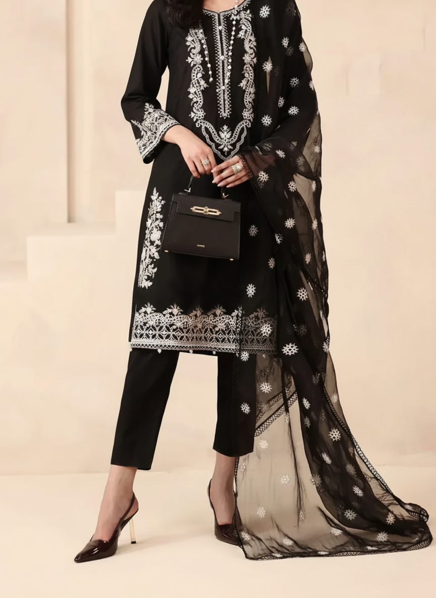 Grace Z-(W903) - Stitched Embroidered 3pc Marina Dress With Embroidered Chiffon Dupatta.