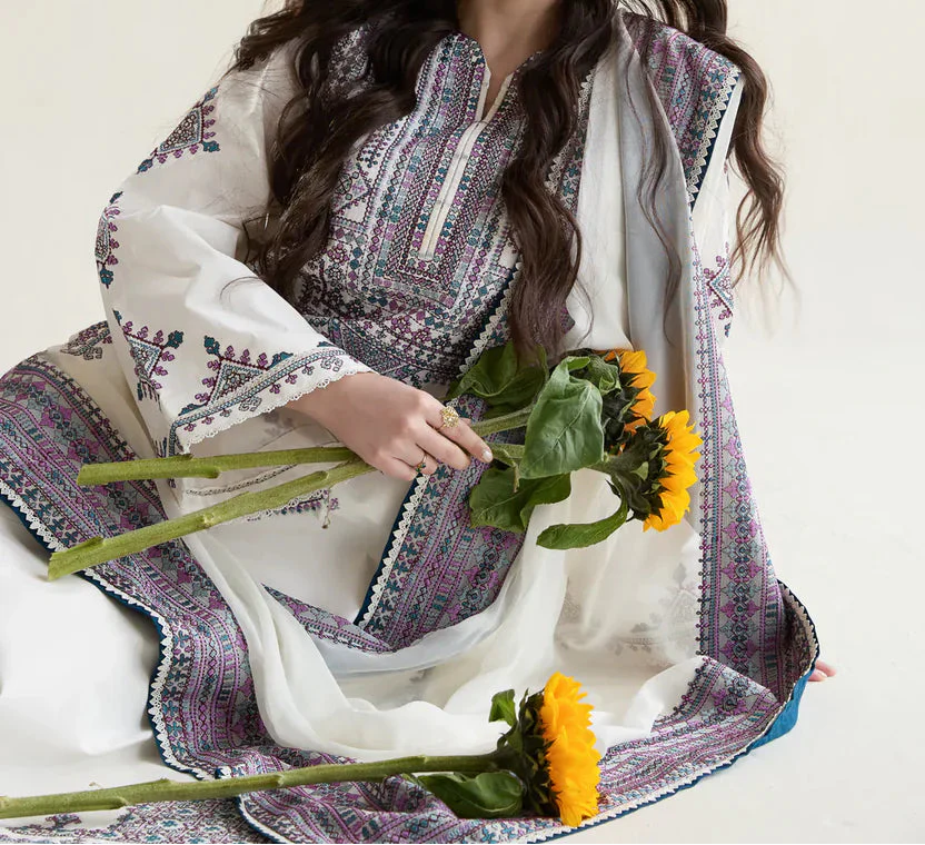 Grace W1020-Embroidered 3pc Marina Dress With Printed Shawl.