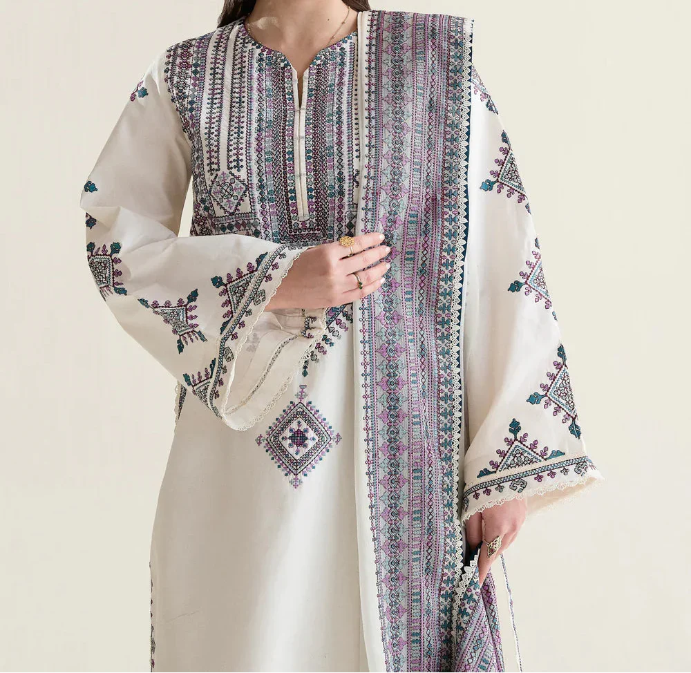 Grace Z-(W1020) - Stitched Embroidered 3pc Marina Dress With Printed Shawl.