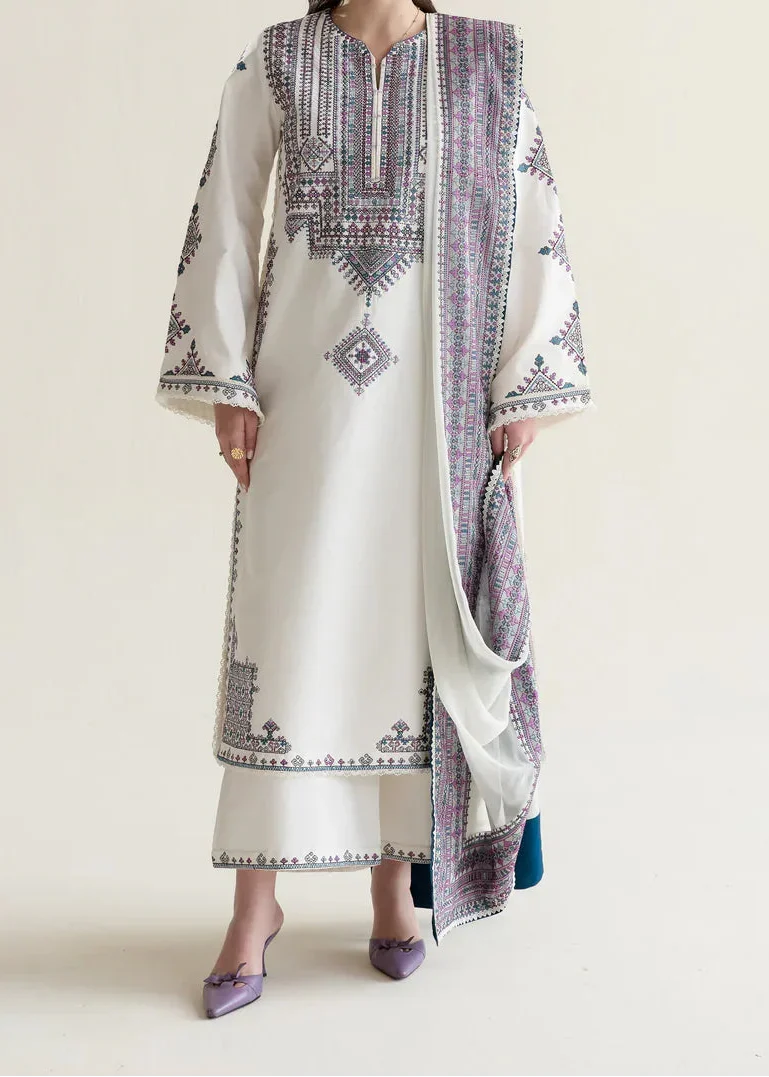 Grace Z-(W1020) - Stitched Embroidered 3pc Marina Dress With Printed Shawl.