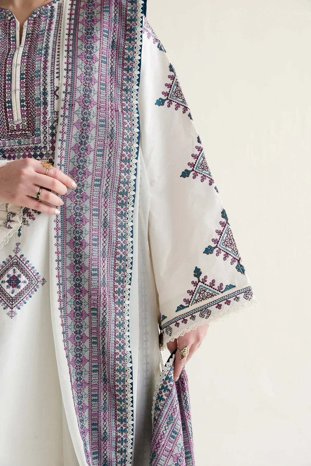 Grace Z-(W1020) - Stitched Embroidered 3pc Marina Dress With Printed Shawl.