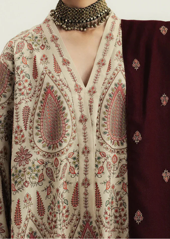 Grace Z-(W979) - Stitched Embroidered 3pc Marina Dress With Printed Shawl.