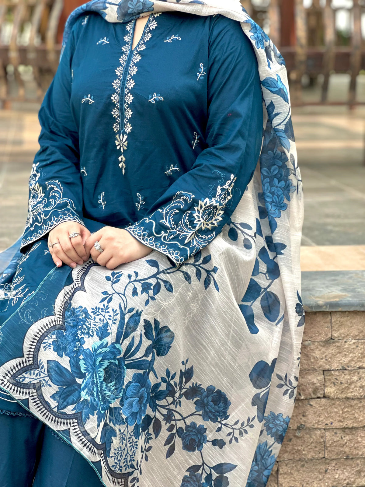 Grace Z-(W752) - Stitched Embroidered 3pc Marina Dress With Printed Shawl.