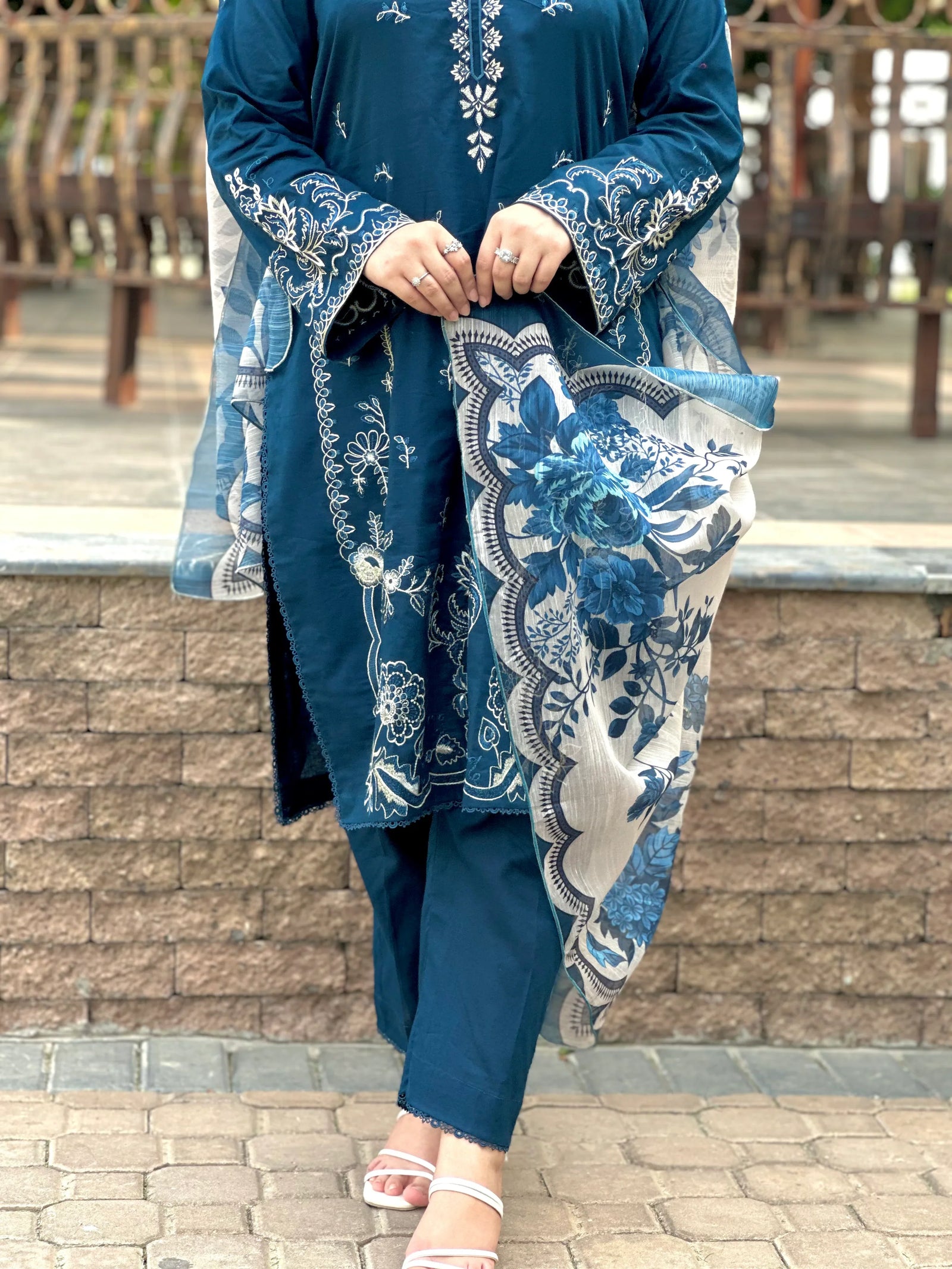 Grace Z-(W752) - Stitched Embroidered 3pc Marina Dress With Printed Shawl.