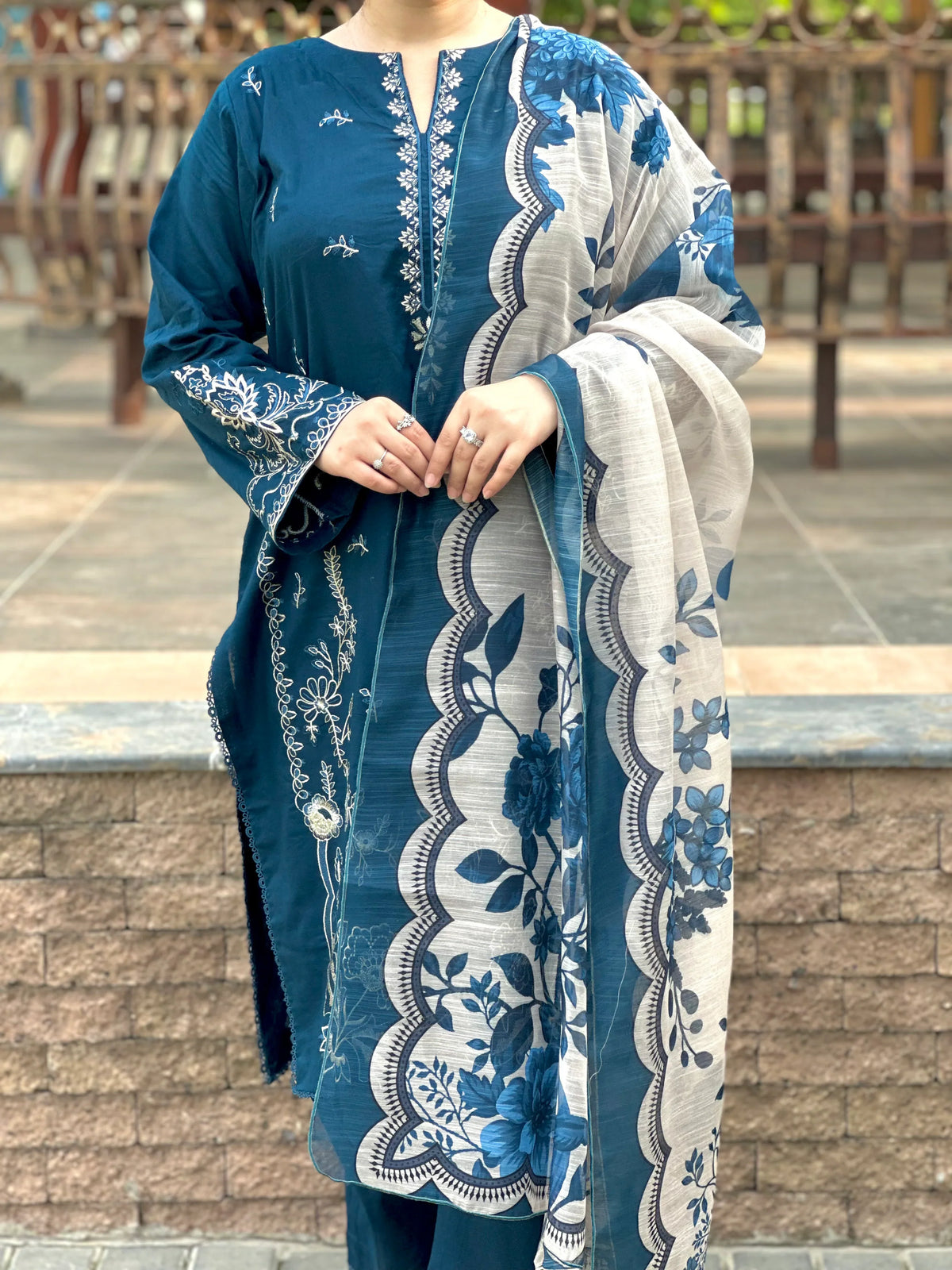 Grace Z-(W752) - Stitched Embroidered 3pc Marina Dress With Printed Shawl.