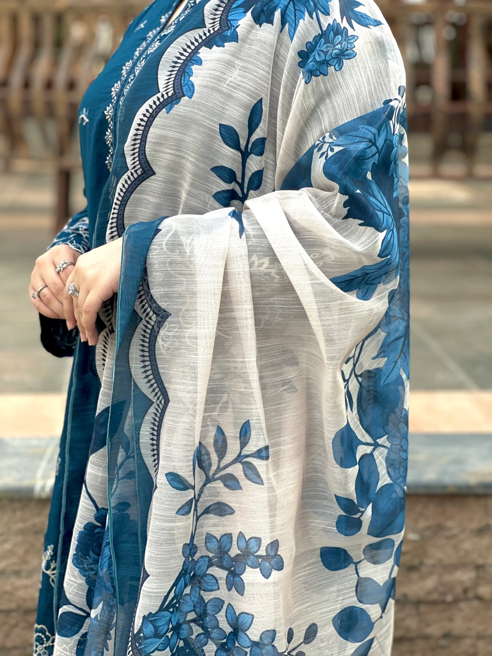 Grace Z-(W752) - Stitched Embroidered 3pc Marina Dress With Printed Shawl.
