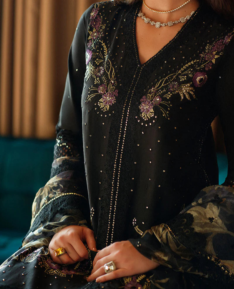 Grace W741-Embroidered Sequence 3pc CUTWORK Marina Dress With Printed Shawl.