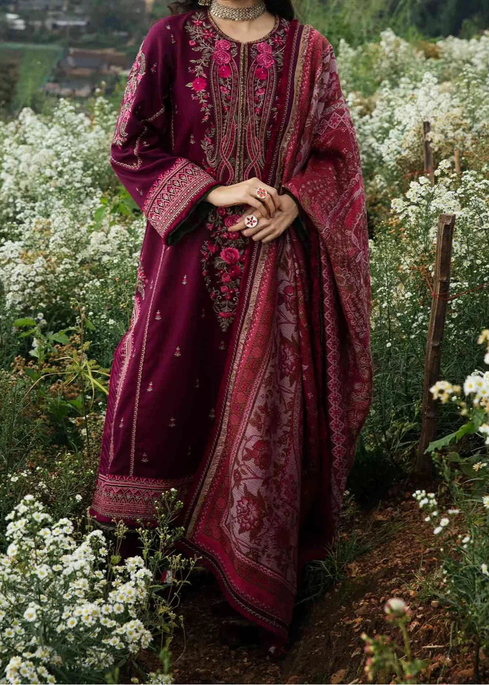 Grace W1001-Embroidered 3pc Marina Dress With Printed Shawl.