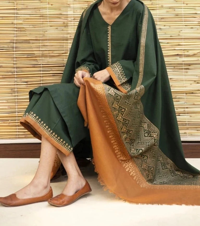 Grace W269- Embroidered 3pc marina dress with Digital Printed wool shawl.