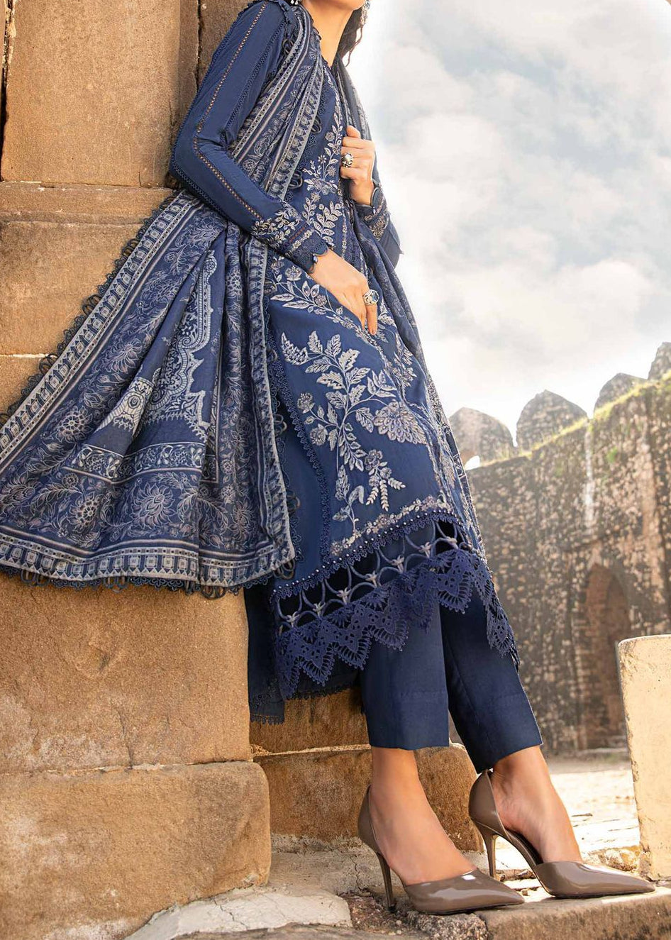 Grace W768 - Embroidered 3pc Marina Dress With Printed Shawl.