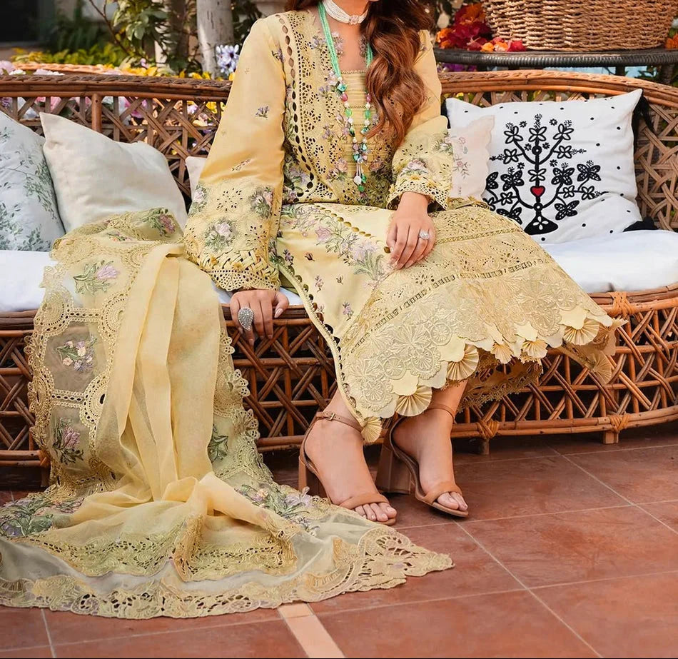 Grace Z-(W1076) - Stitched Embroidered 3pc Marina Dress With Embroidered Khadi Net Dupatta.