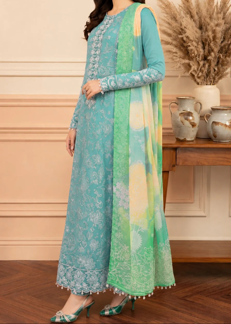 Grace Z-(S1501) - Stitched Embroidered 3pc Lawn Dress With Printed Munar Dupatta.