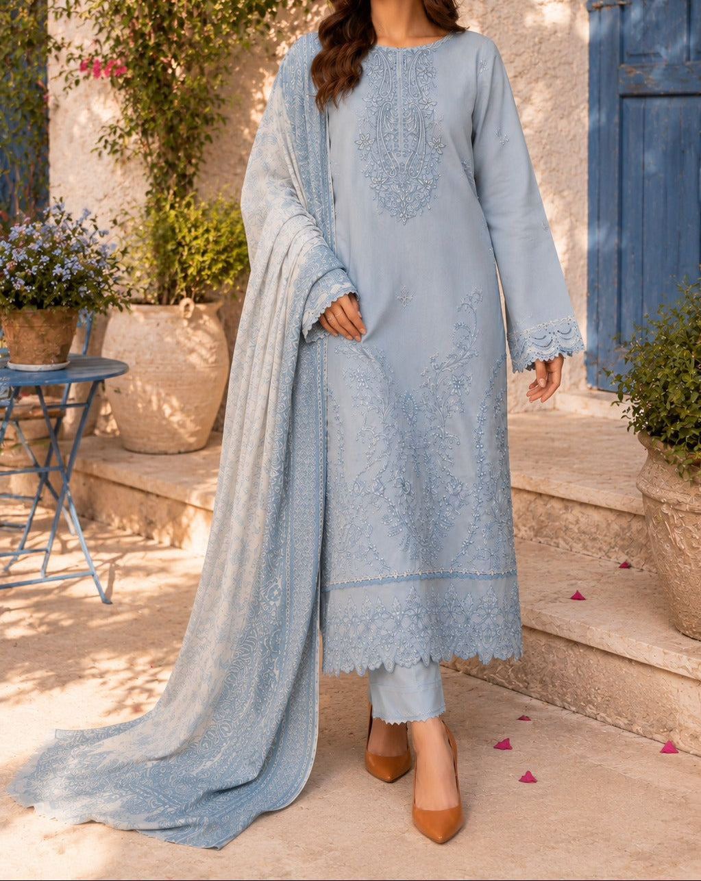 Grace S1502-Embroidered 3pc Lawn Dress With Printed Chiffon Dupatta.