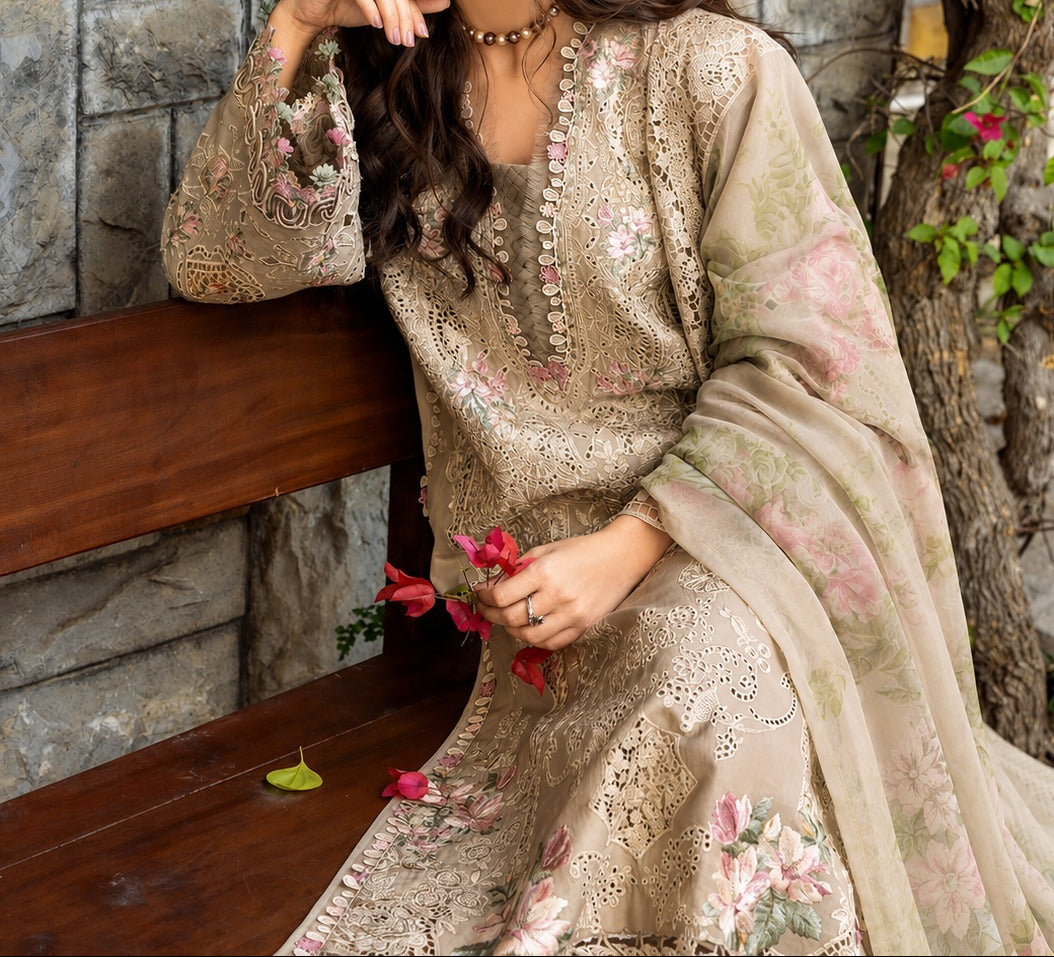 Grace S1509 - Embroidered 3pc CHIKANKARI Lawn Dress With Printed Chiffon Dupatta.