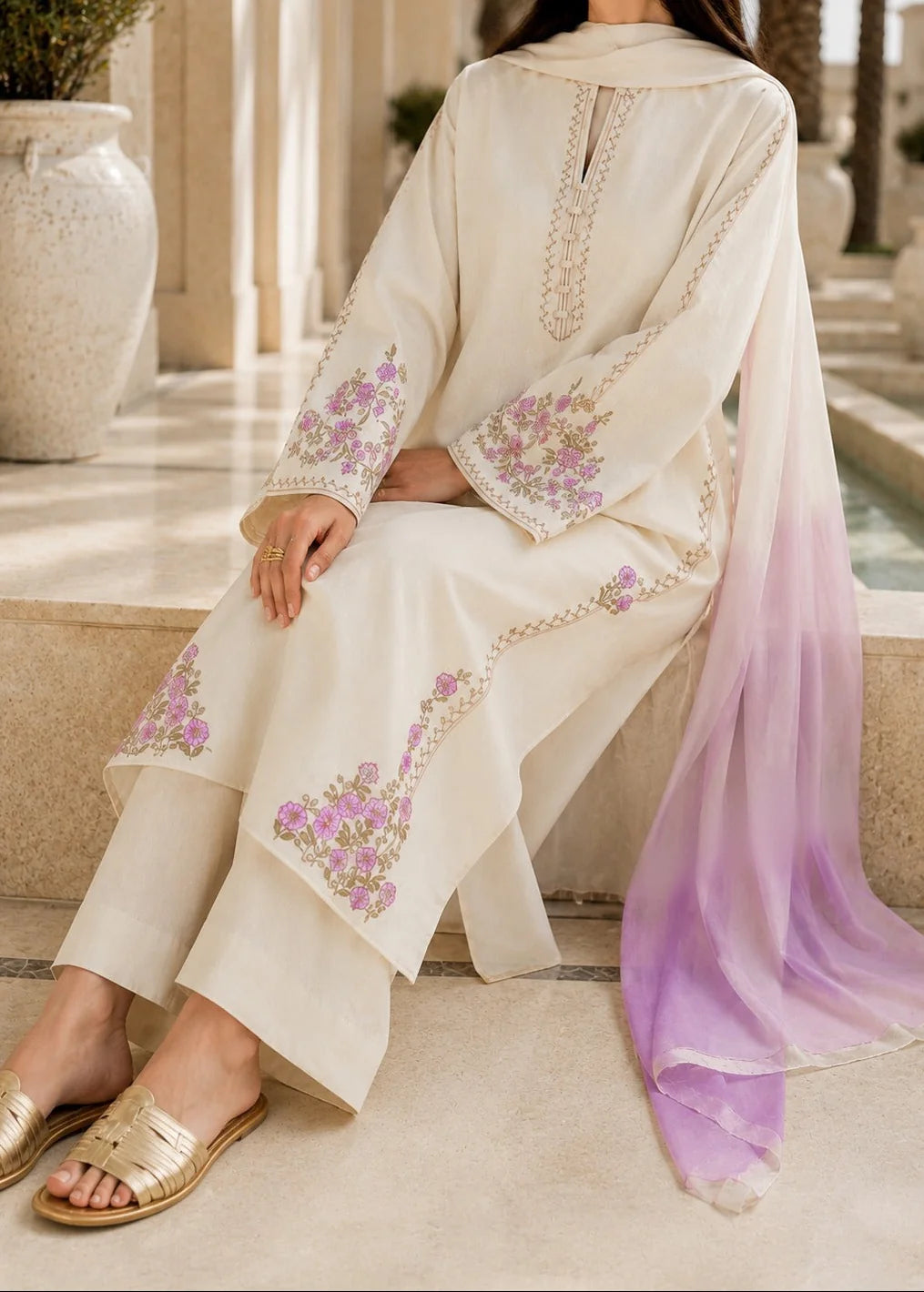 Grace W1058 - Embroidered 3pc Marina Dress With Tie & Dye Chiffon Dupatta.