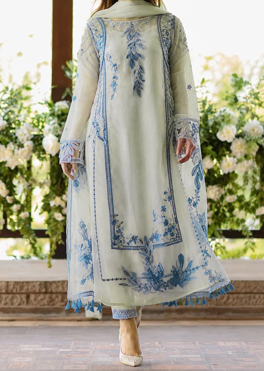 Grace W1080 - Embroidered 3pc Marina  Dress With Embroidered Chiffon Dupatta.