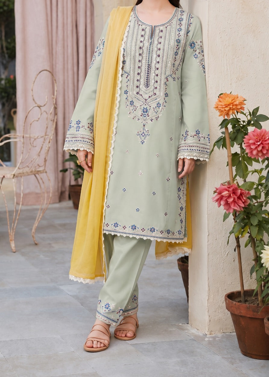 Grace S1619 - Embroidered 3pc Lawn Dress With Printed Chiffon Dupatta.