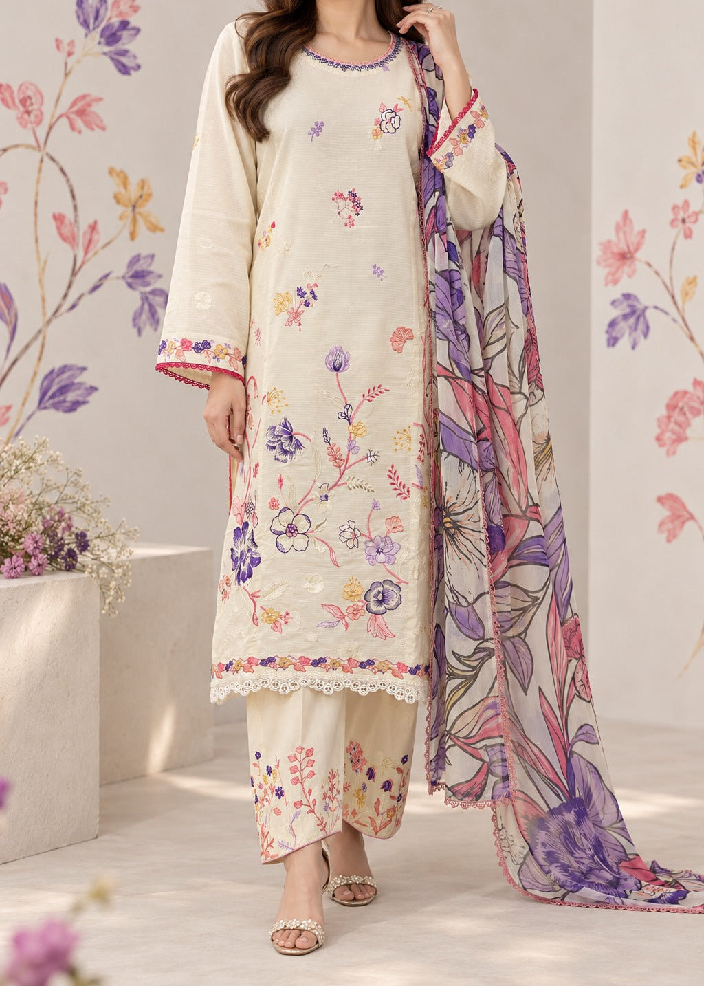 Grace S1625 - Embroidered 3pc Lawn Dress With Printed Chiffon Dupatta.