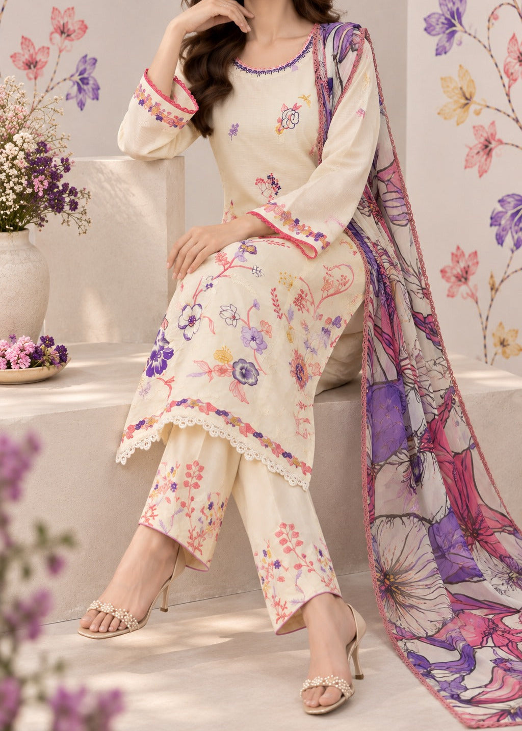 Grace S1625 - Embroidered 3pc Lawn Dress With Printed Chiffon Dupatta.