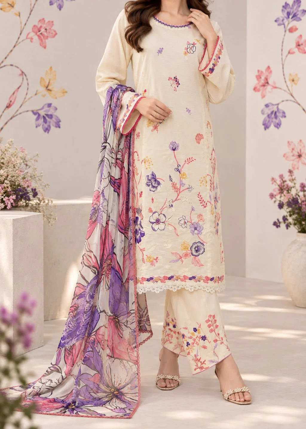 Grace Z-(S1625) - Stitched Embroidered 3pc Lawn Dress With Printed Chiffon Dupatta.