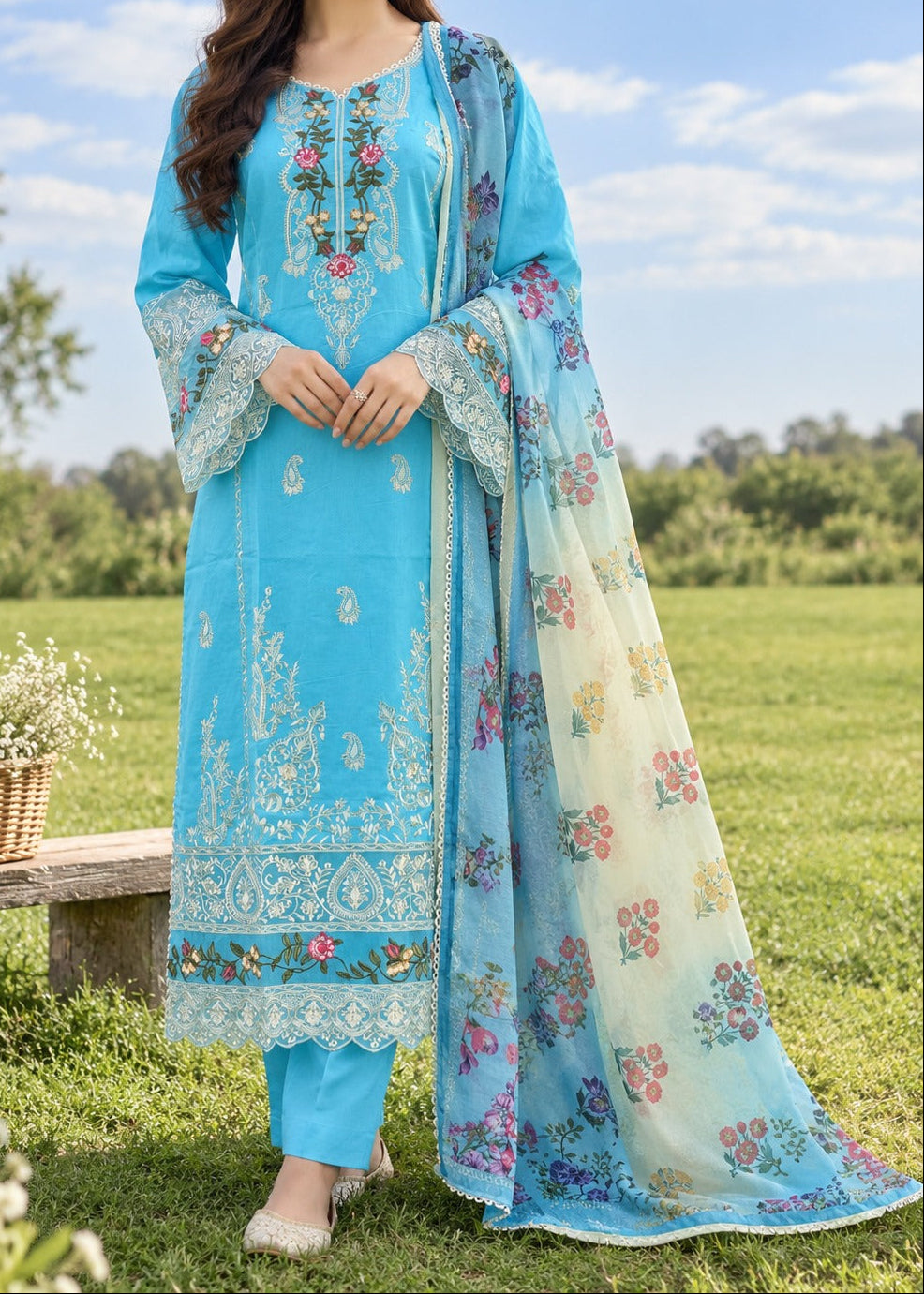 Grace S1626 - Embroidered 3pc Lawn Dress With Printed Polly Lawn Dupatta.