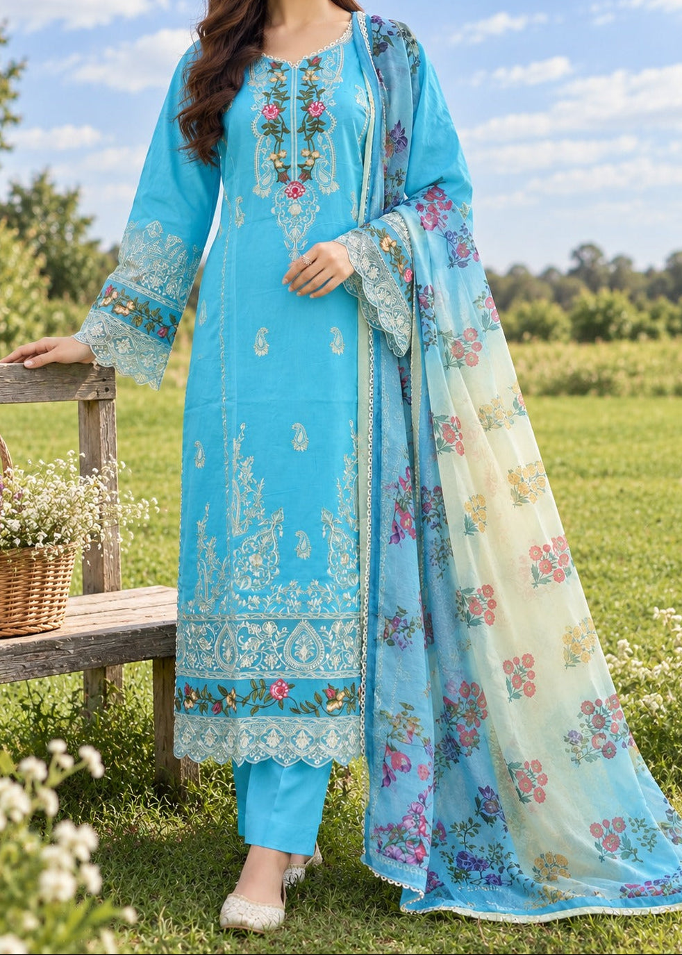Grace S1626 - Embroidered 3pc Lawn Dress With Printed Polly Lawn Dupatta.