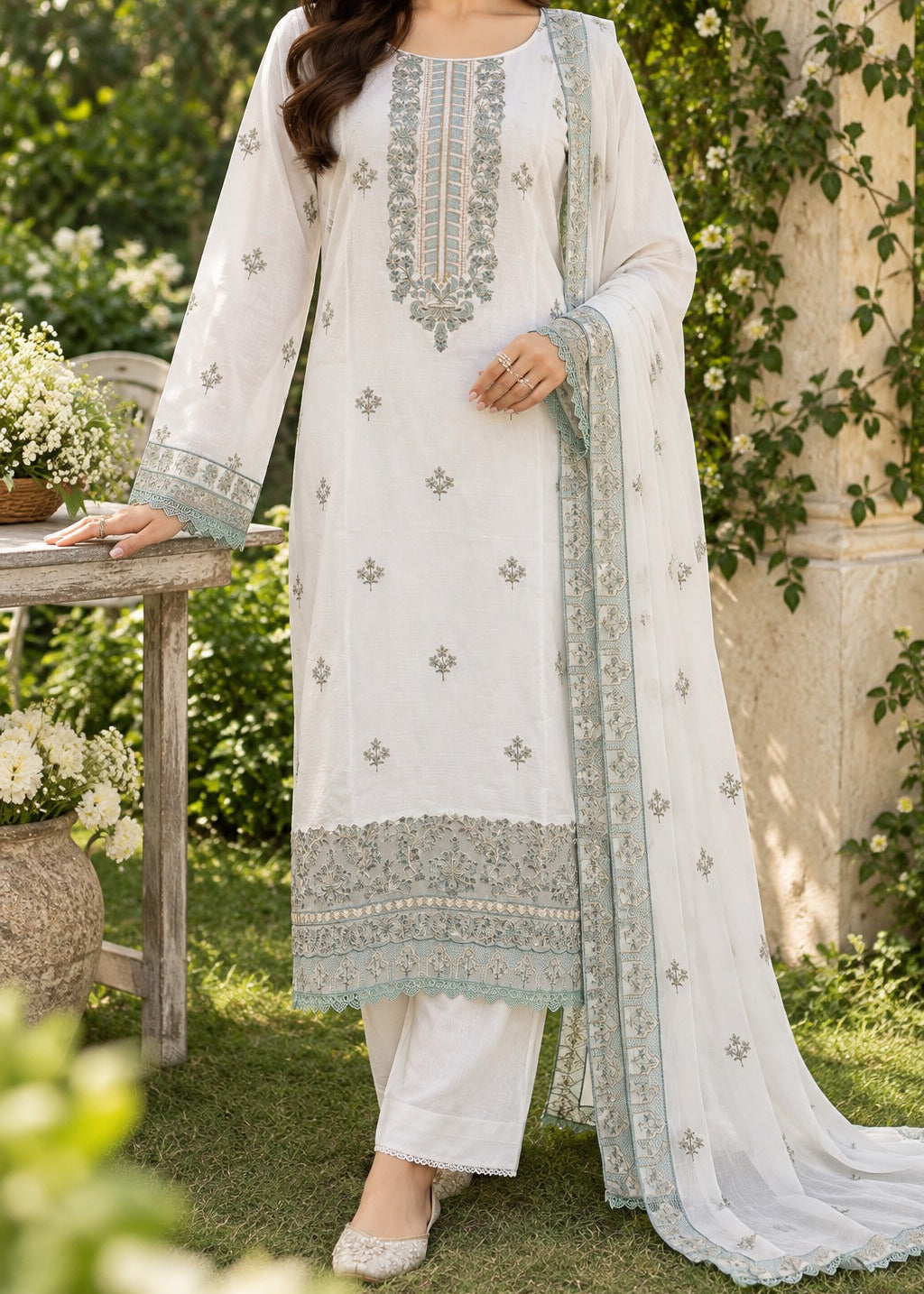 Grace S1569 - Embroidered 3pc Lawn Dress With Embroidered Chiffon Dupatta.