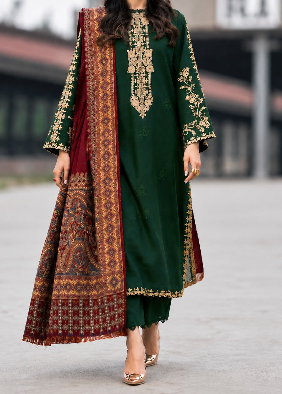 Grace W1047 - Embroidered 3pc CHIKANKARI Marina Dress With Printed Shawl.