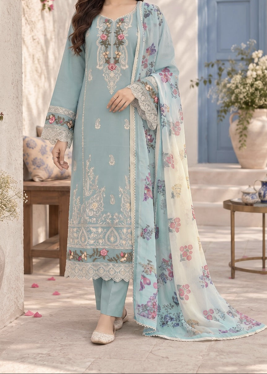 Grace S1628 - Embroidered 3pc Lawn Dress With Printed Polly Lawn Dupatta.