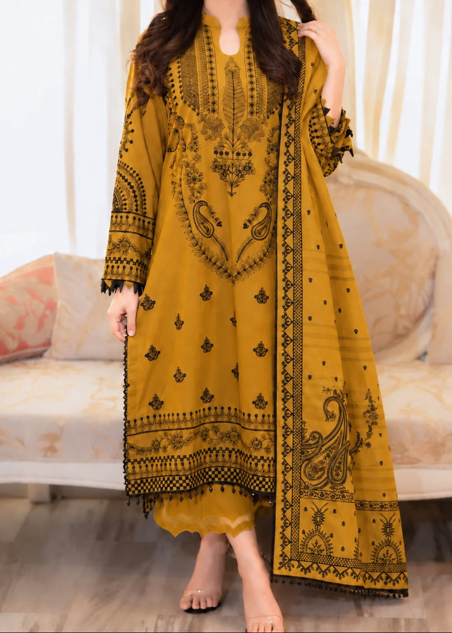 Grace W1082 - Embroidered 3pc Marina  Dress With Printed Shawl.