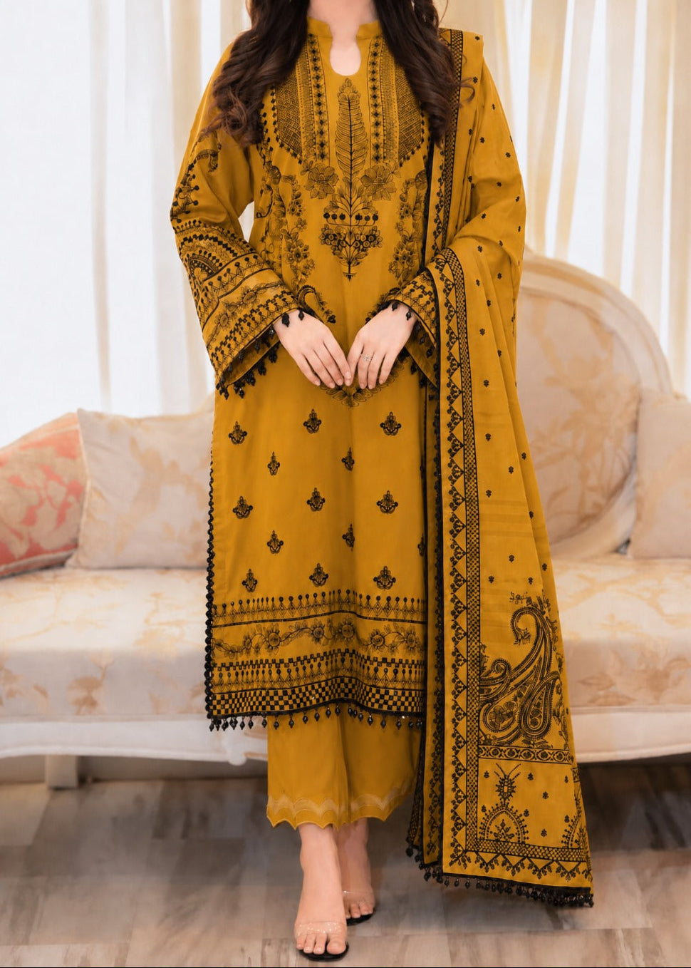 Grace W1082 - Embroidered 3pc Marina  Dress With Printed Shawl.