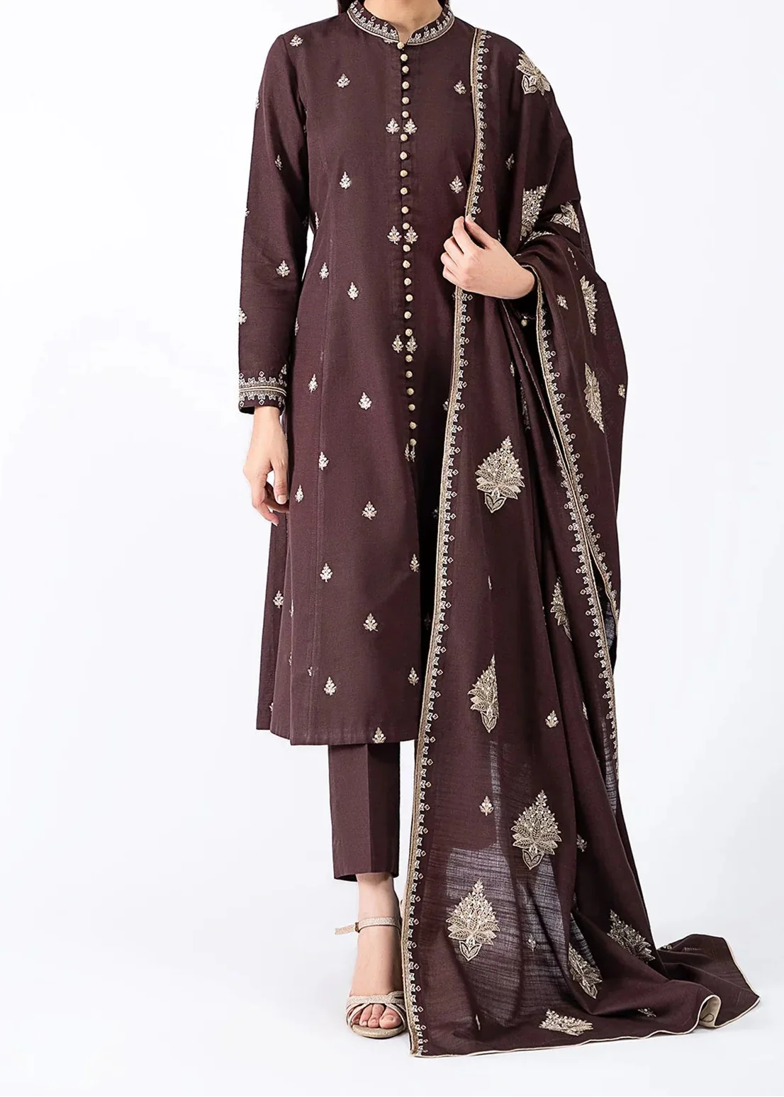 Grace Z-(W905) - Stitched Embroidered 3pc Marina Dress With Embroidered Marina Shawl.