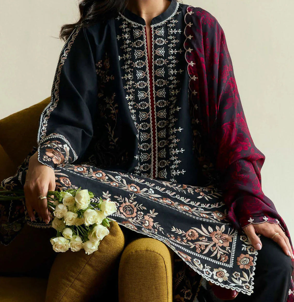 Grace Z-(W738) - Stitched Embroidered 3pc Marina Dress With Printed Shawl.