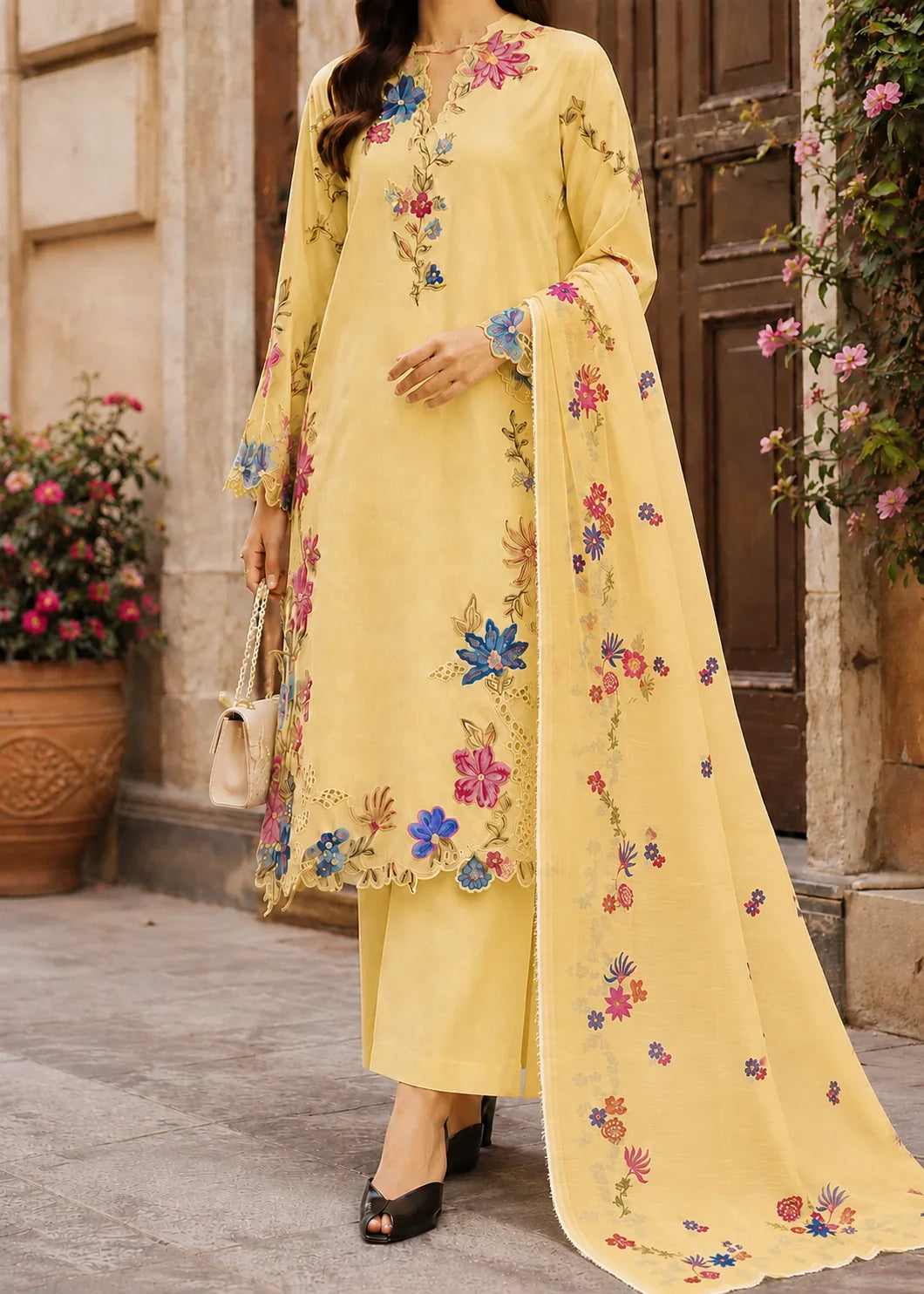 Grace Z-(S1500) - Stitched Embroidered 3pc CHIKANKARI Lawn Dress With Printed Lawn Dupatta.