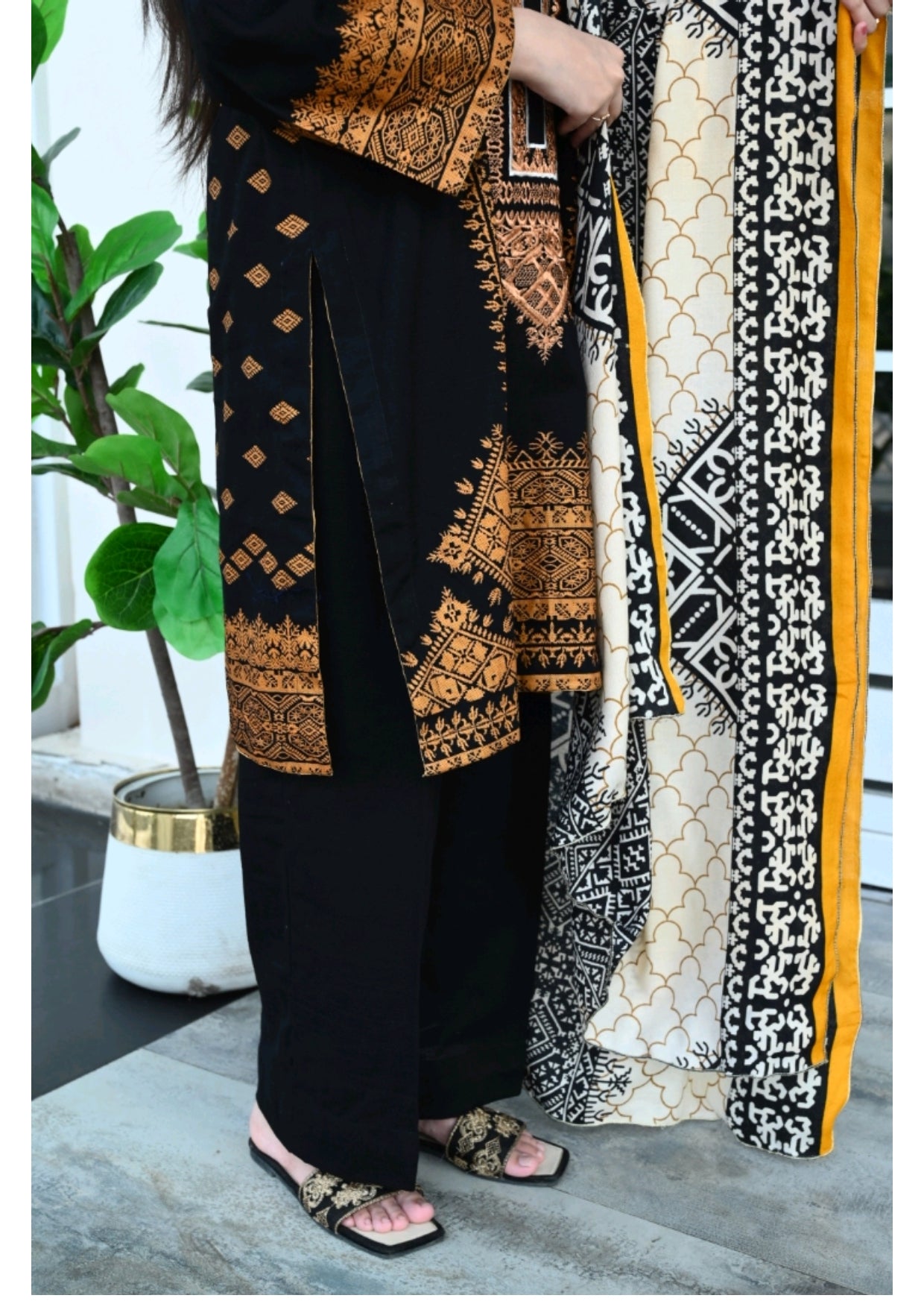 Grace Z-(W102 ) - Stitched Embroidered 3pc khaddar dress with printed shawl.