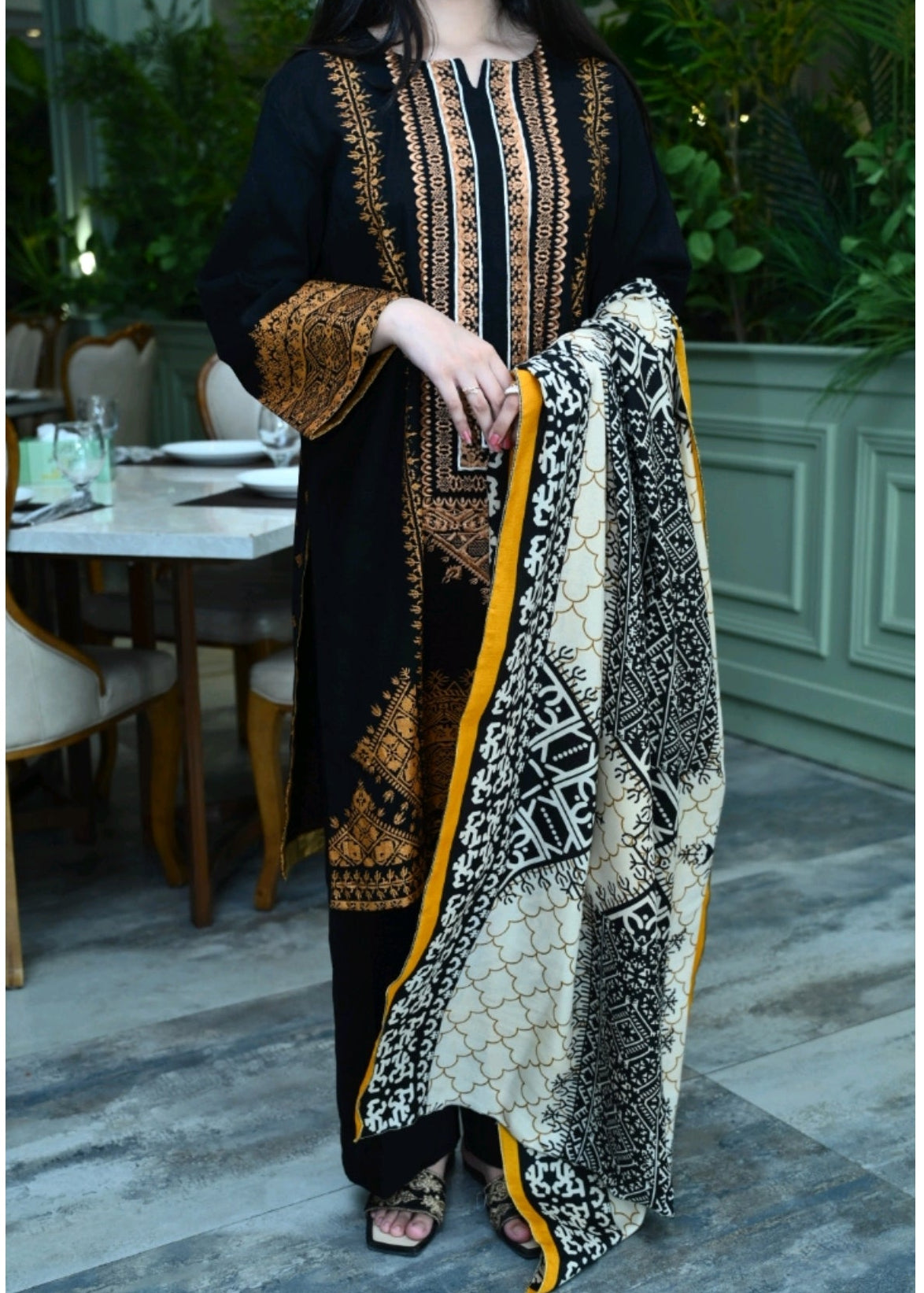 Grace Z-(W102 ) - Stitched Embroidered 3pc khaddar dress with printed shawl.